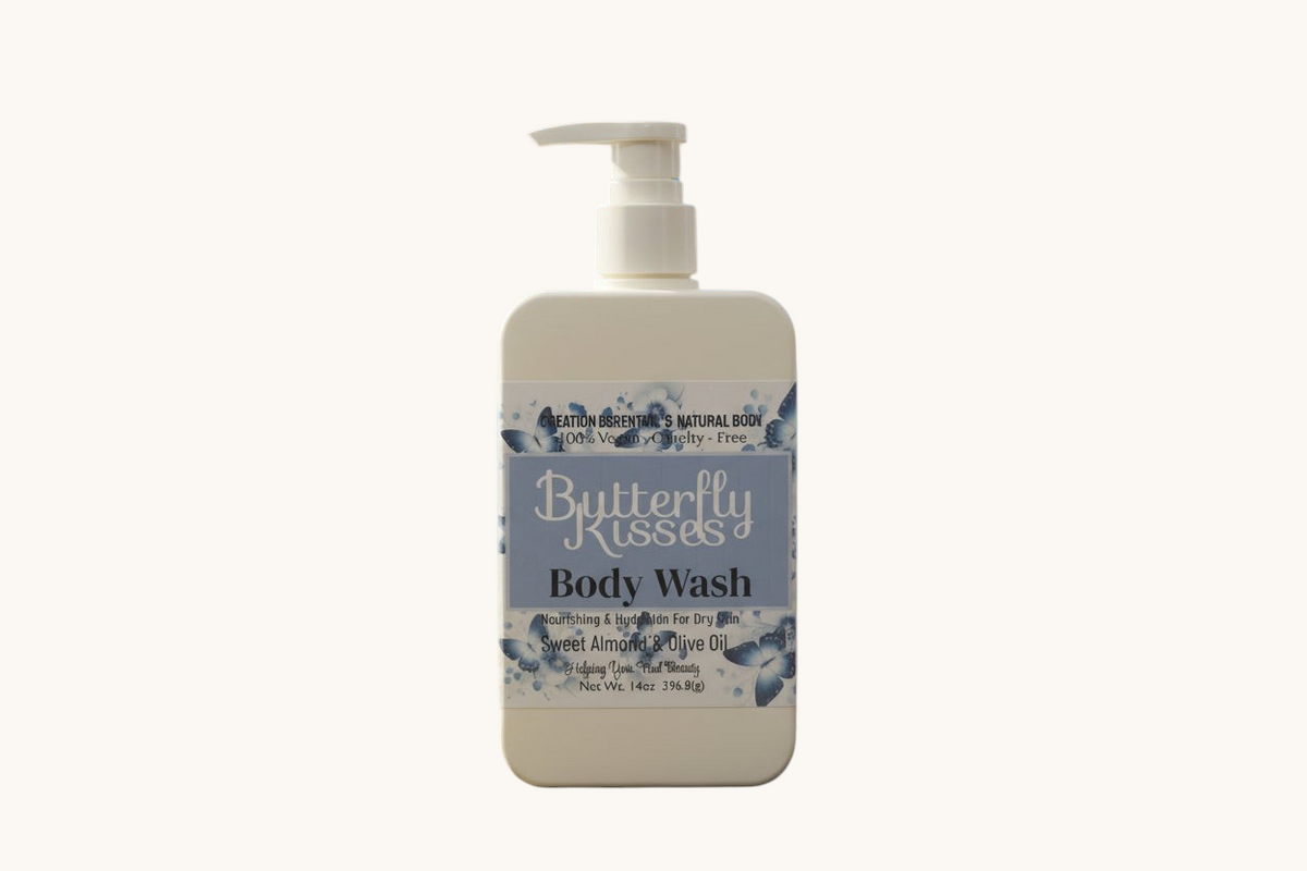 Butterfly Kisses body wash bottle on a white background