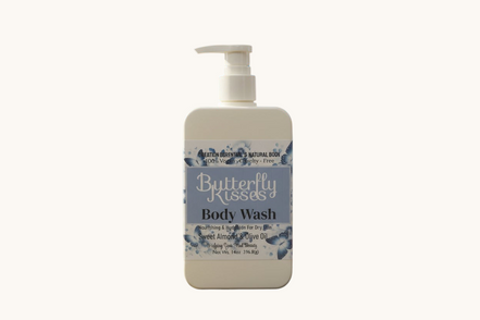Butterfly Kisses body wash bottle on a white background