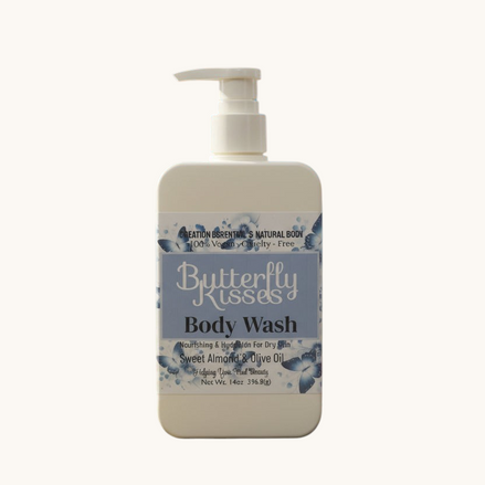 Butterfly Kisses body wash bottle on a white background