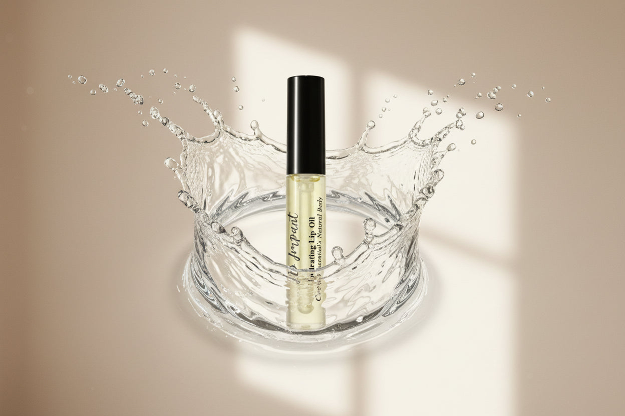 Cosmetic bottle with water splash on a beige background