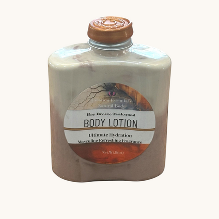 Creation Essential's Natural Body Bay Breeze Teakwood hydrating body lotion in a unique two-tone ceramic-style bottle.