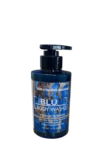 Creation Essential's Natural Body BLU hydrating body wash in a blue pump bottle with rustic wood grain label design