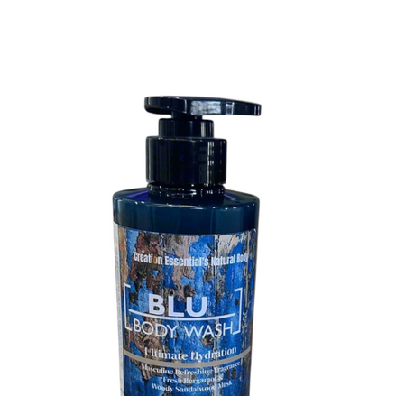 Creation Essential's Natural Body BLU hydrating body wash in a blue pump bottle with rustic wood grain label design