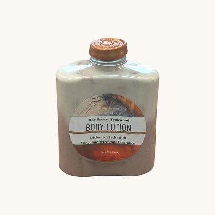 Creation Essential's Natural Body Bay Breeze Tropical Teakwood hydrating lotion in a two-tone bottle