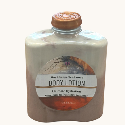Creation Essential's Natural Body Bay Breeze Tropical Teakwood hydrating body lotion in a two-tone bottle