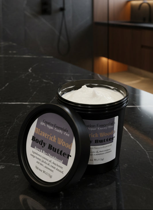 Body butter container with label on a kitchen counter