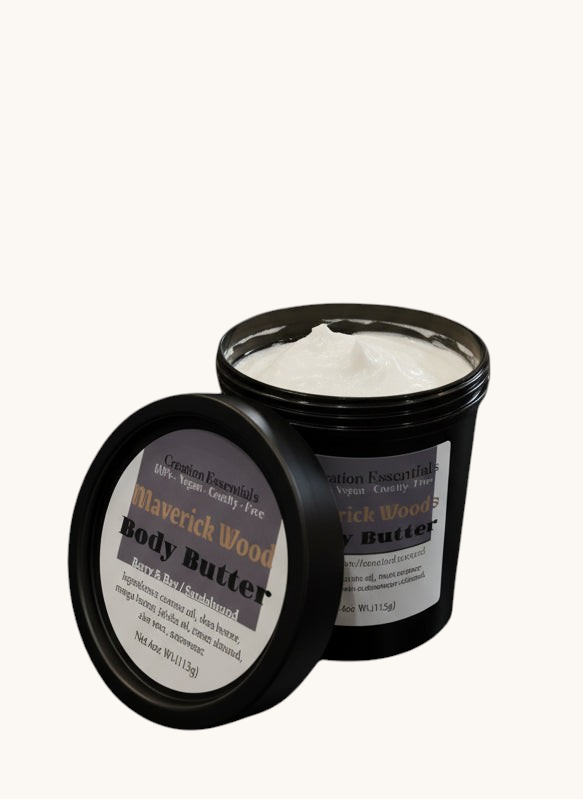 Body butter container with label on a kitchen counter