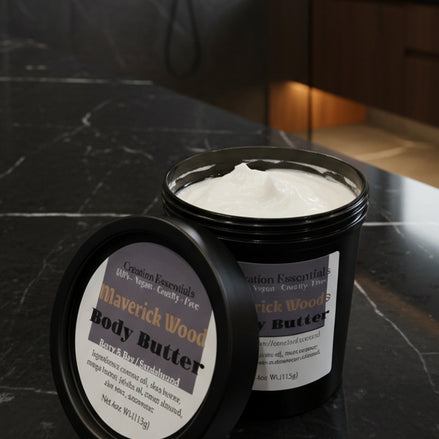 Body butter container with label on a kitchen counter