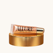 Lip gloss tube with 'Allure' branding on a marbled surface