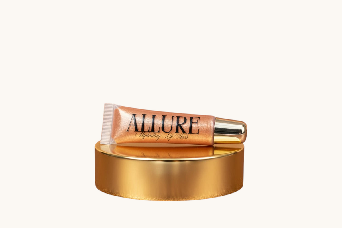 Lip gloss tube with 'Allure' branding on a marbled surface