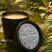 Jar of sugar scrub with a label on a reflective surface