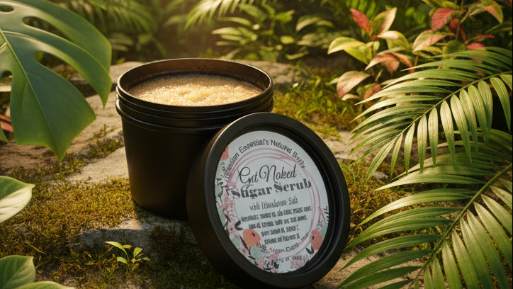 Jar of sugar scrub with a label on a reflective surface