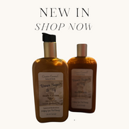 Two bottles of Brown Sugar & Fig body care products, one labeled as body wash and the other as body lotion, with a 'New In Shop Now' text overlay.