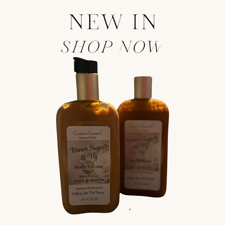 Two bottles of Brown Sugar & Fig body care products, one labeled as body wash and the other as body lotion, with a 'New In Shop Now' text overlay.