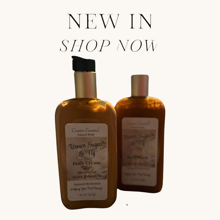 Two bottles of Brown Sugar & Fig body care products, one labeled as body wash and the other as body lotion, with a 'New In Shop Now' text overlay.