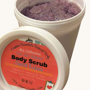 Creation Essential's Natural Body Sweet Kisses shimmer body scrub in a white jar with purple exfoliating sugar texture