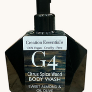 Creation Essential's Natural Body G4 citrus spice wood body wash in a black geometric pump bottle for men