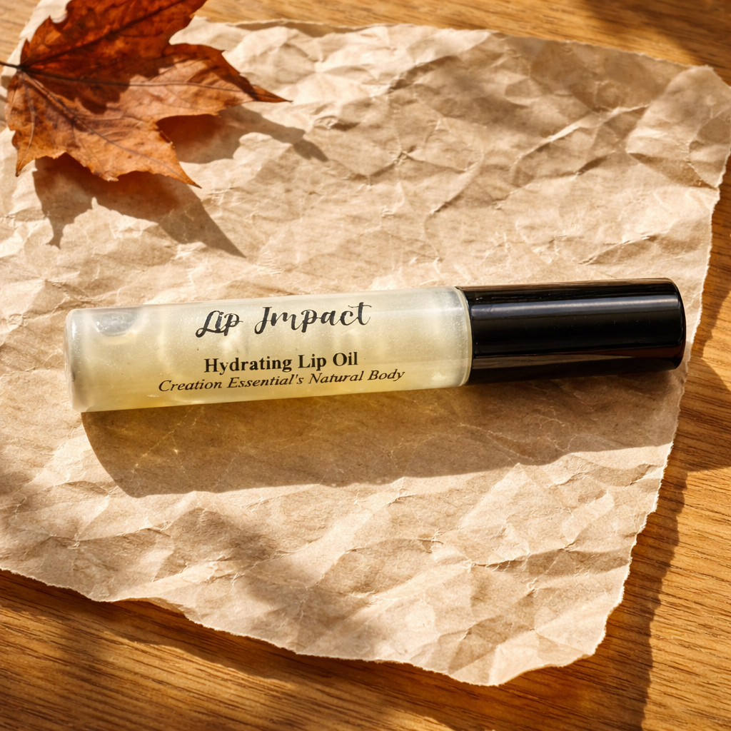 Lip impact hydrating lip oil on crumpled brown paper with a leaf