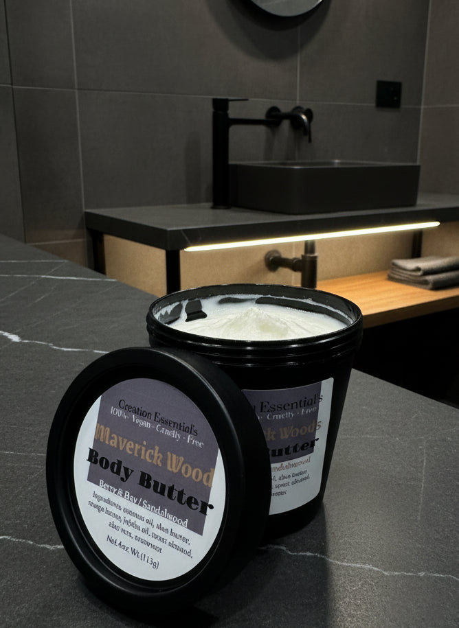 Body butter container with label on a marble countertop