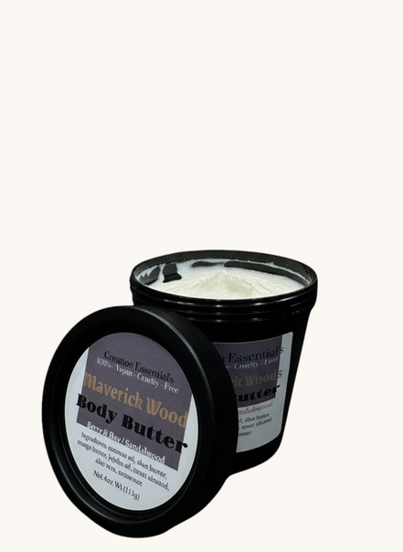 Body butter container with label on a marble countertop