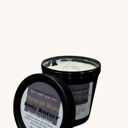 Body butter container with label on a marble countertop