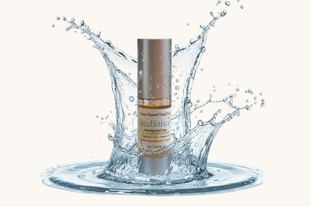 Creation Essential's Natural Body Radiance Hyaluronic Facial Toner bottle surrounded by a refreshing water splash.