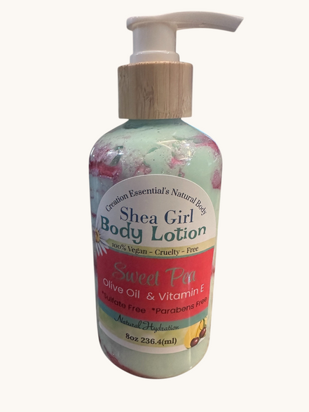 Creation Essential's Natural Body Shea Girl Sweet Pea body lotion in an 8oz pump bottle with a light green swirl.