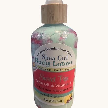 Creation Essential's Natural Body Shea Girl Sweet Pea body lotion in an 8oz pump bottle with a light green swirl.