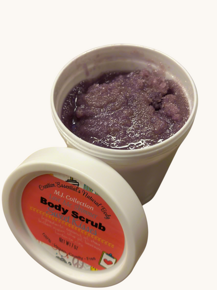 Body scrub in a container with a label on a marble surface