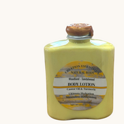 Creation Essential's Natural Body Woodland Sandalwood body lotion in a yellow bottle with turmeric and aloe vera