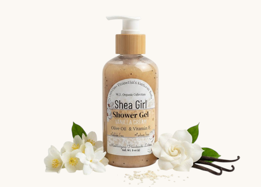 A bottle of Shea Girl Vanilla Dream Body Wash on a textured surface with a bright, outdoor background.