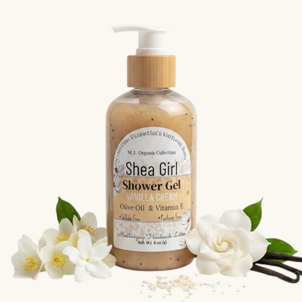 A bottle of Shea Girl Vanilla Dream Body Wash on a textured surface with a bright, outdoor background.
