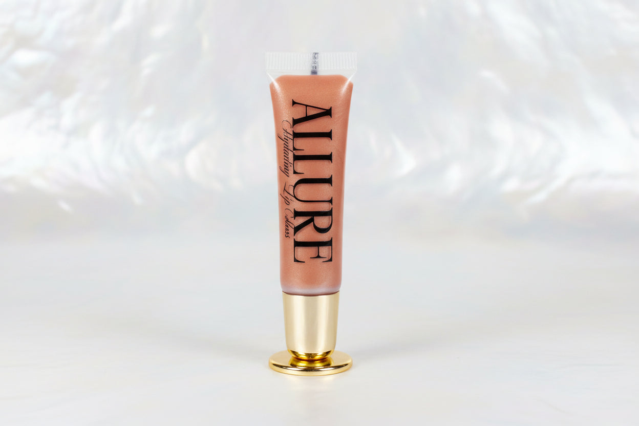 Lip gloss with 'ALLURE' branding on a marble surface