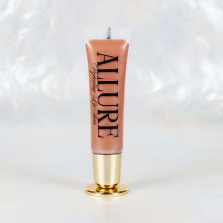 Lip gloss with 'ALLURE' branding on a marble surface