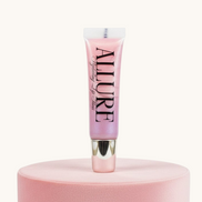 Pink lip gloss tube with 'Allure' branding on a pink stand against a white background