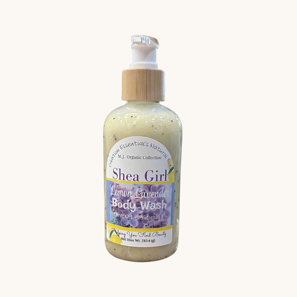 Creation Essential's Natural Body Shea Girl Lemon Lavender hydrating body wash in a 10oz pump bottle.