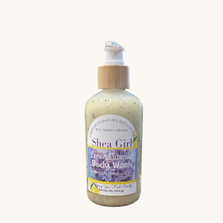 Creation Essential's Natural Body Shea Girl Lemon Lavender hydrating body wash in a 10oz pump bottle.