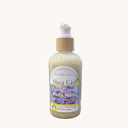 Creation Essential's Natural Body Shea Girl Lemon Lavender hydrating body wash in a 10oz pump bottle.