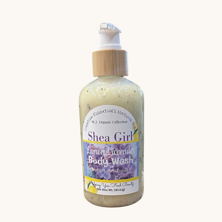 Creation Essential's Natural Body Shea Girl Lemon Lavender body wash in a 10oz pump bottle with floral label design.