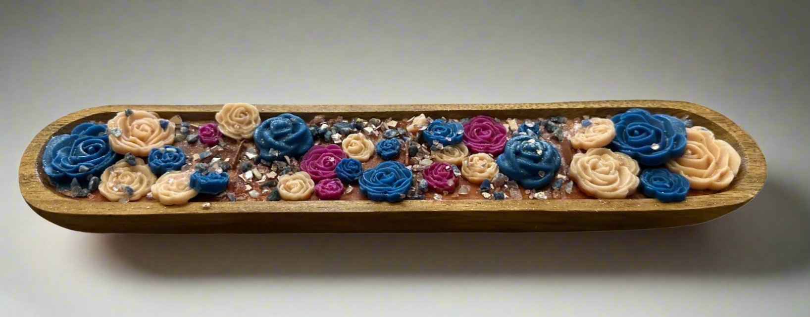 3 Wick Wooden Luxury Dough Bowl Blue & Pink Flower Candle