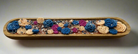 3 Wick Wooden Luxury Dough Bowl Blue & Pink Flower Candle