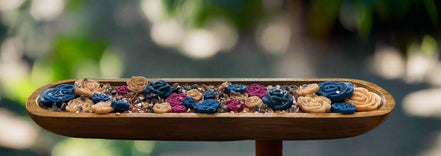 3 Wick Wooden Luxury Dough Bowl Blue & Pink Flower Candle