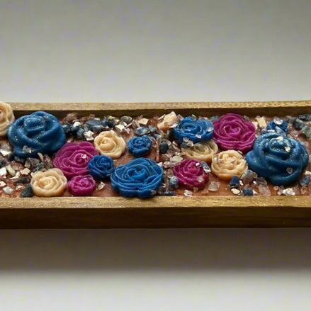 3 Wick Wooden Luxury Dough Bowl Blue & Pink Flower Candle