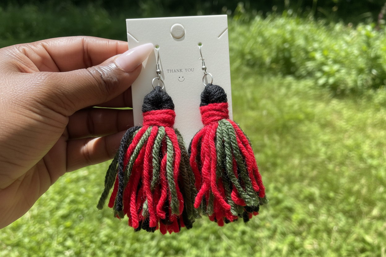 A pair of handcrafted yarn earrings with a twisted knot design, featuring colors green, red, and black, displayed on a card.